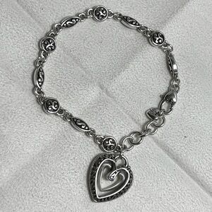 Brighton Ellington Heart Charm Bracelet Silver Plated Circle Link 8" Signed
